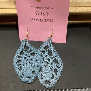 Earrings Light Blue Leaf Crocheted Crochet Hand Crafted